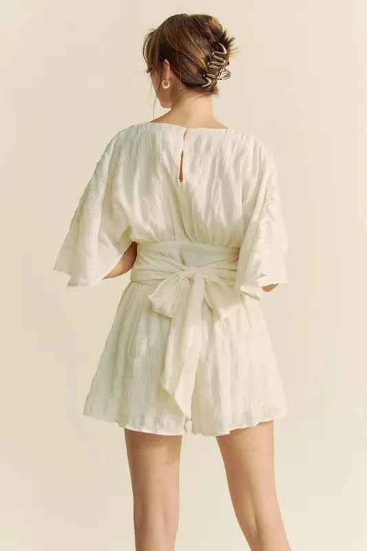 Davi & Dani Women's Batwing Sleeve Belted Romper Ruched Smocked Beach Cream L