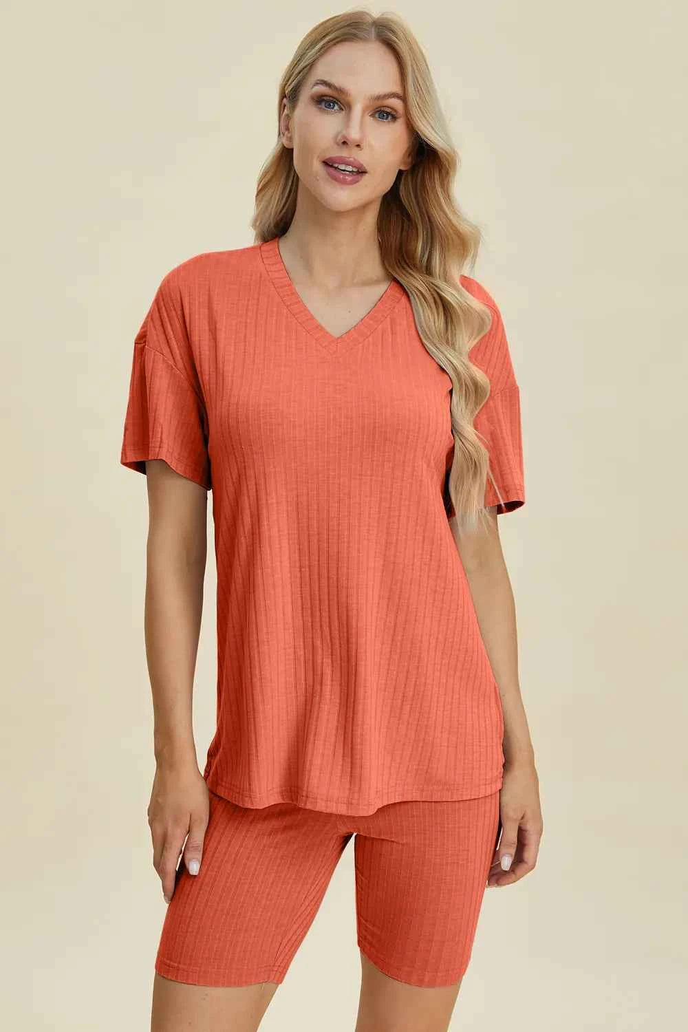 Women's Basic Bae Ribbed V-Neck Top and Shorts Set Two-Piece Multi Colors S-3XL Coral