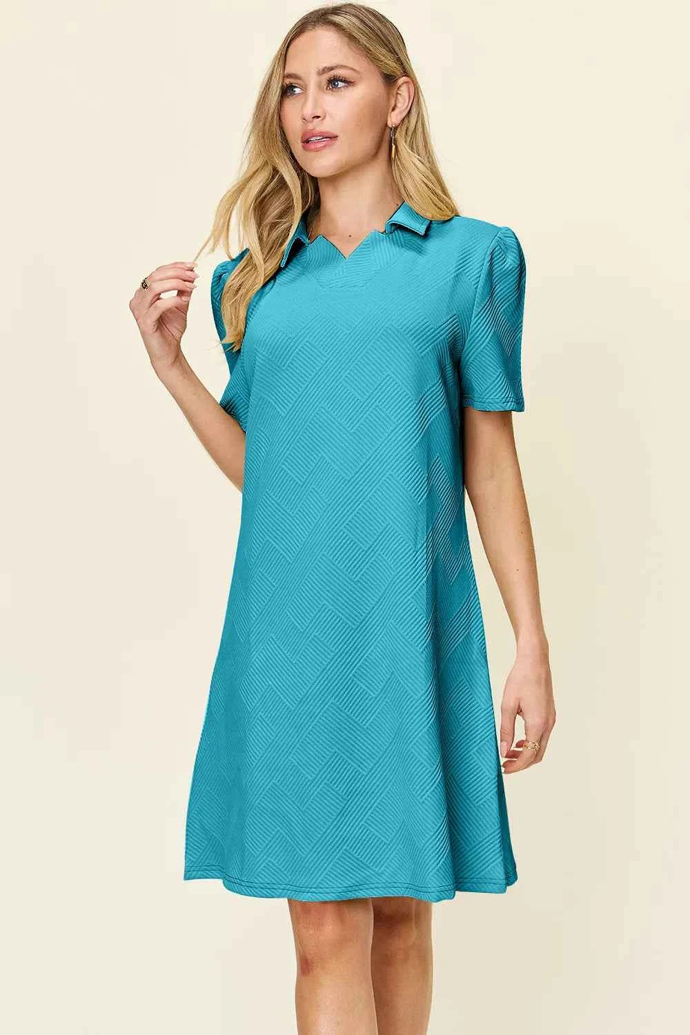 Women's Double Take Texture Collared Neck Short Sleeve Dress Multi Colors S-3XL