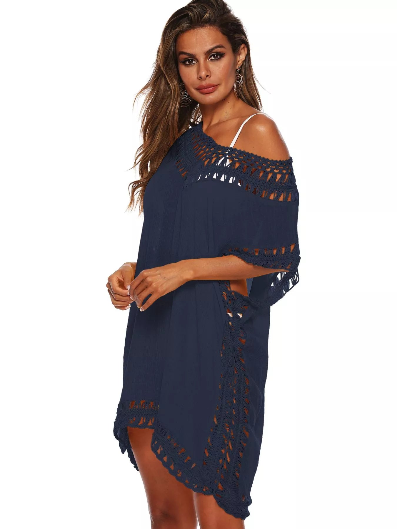 Crochet Trim Cutout V-Neck Cover-Up Dress Navy Blue One Size