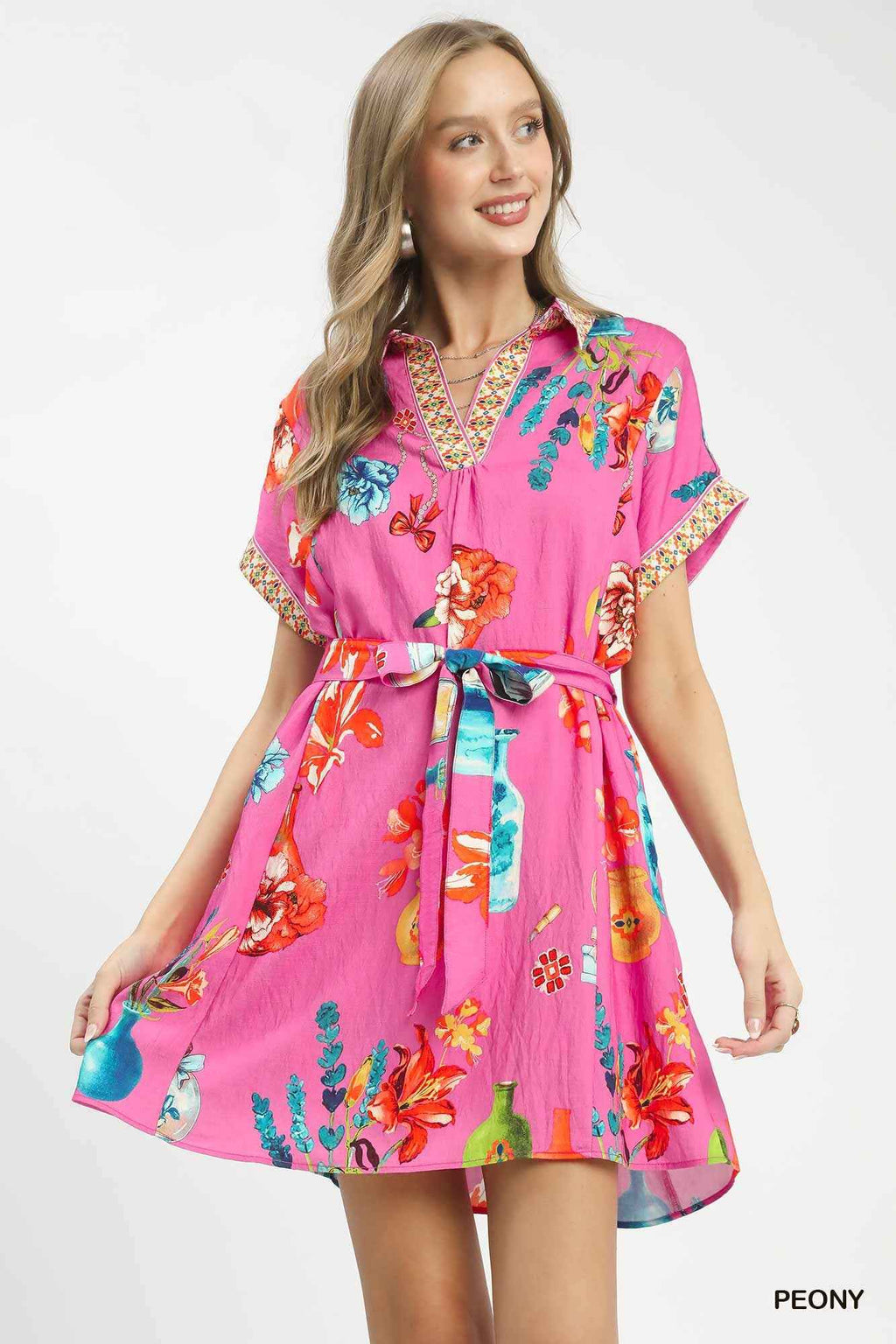 Umgee Women's Floral Print Belted Mini Dress Pockets Boho Beach Peony Pink S PEONY Pink S