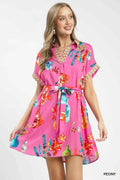 Umgee Women's Floral Print Belted Mini Dress Pockets Boho Beach Peony Pink S PEONY Pink S