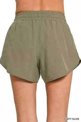 Women's Zenana Soft Woven Lined Shorts Drawstring Zip Pocket Dusty Olive S-L