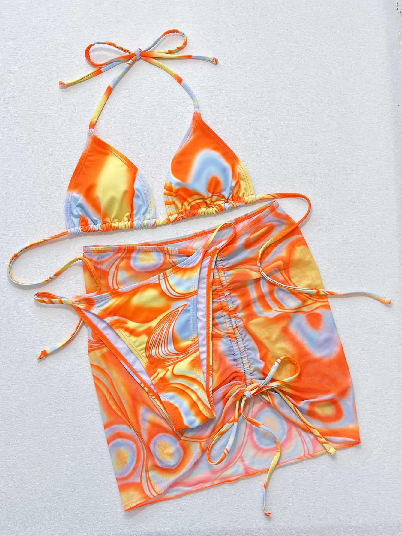 Women's Multicolor Drawstring Ruched Tie Three-Piece Bikini Swim Set Multi S-L
