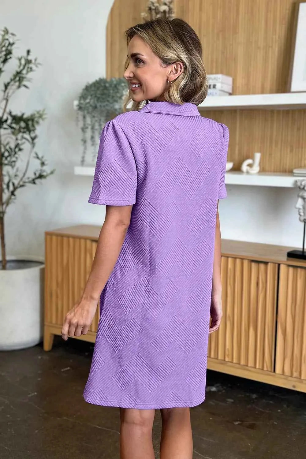 Women's Double Take Texture Collared Neck Short Sleeve Dress Multi Colors S-3XL