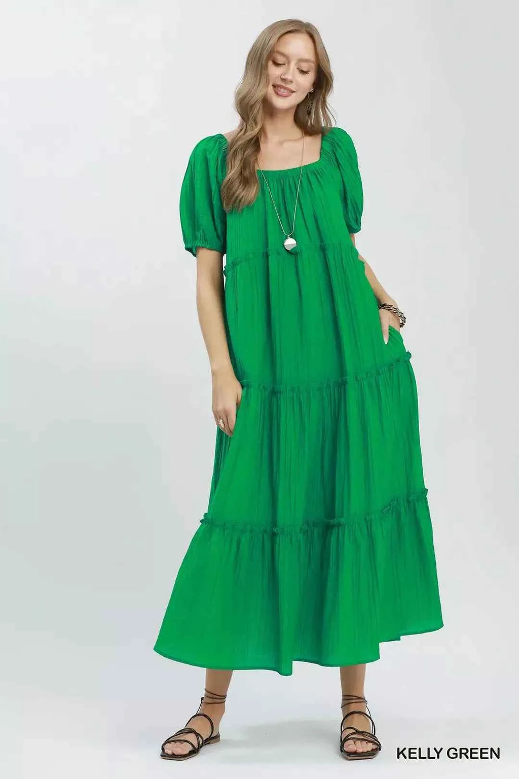 Women's Umgee Textured Tiered Midi Dress Puff Sleeve Square Neck Kelly Green S-L KELLY GREEN