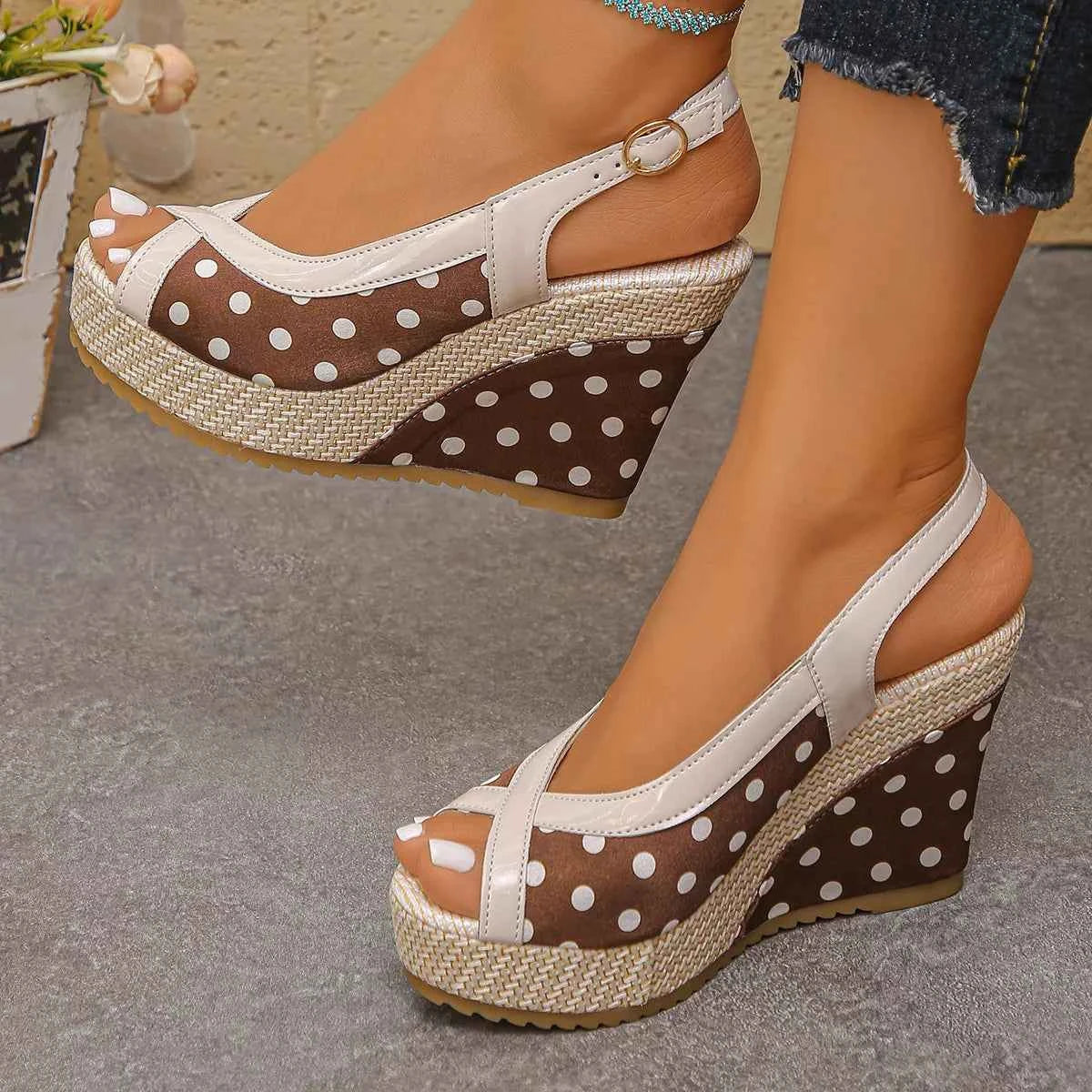 Women's Polka Dot Peep Toe Wedge High Heel Sandals Coffee Black Red EU 36-43
