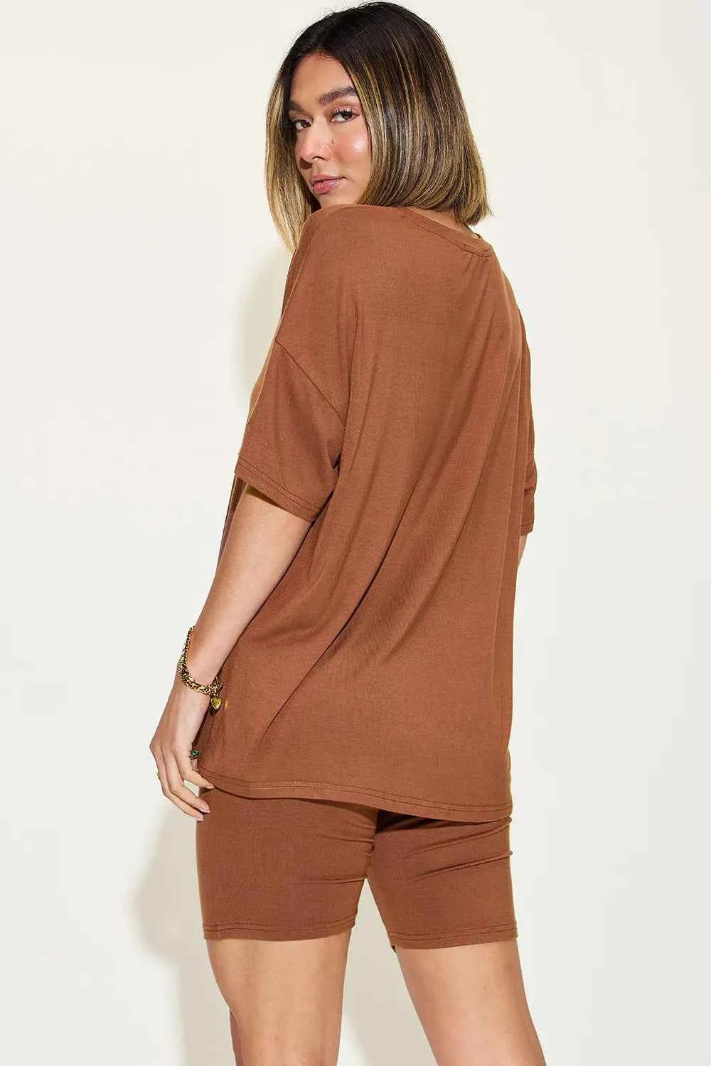 Women's Basic Bae V-Neck Drop Shoulder T-Shirt and Shorts Set Multi Colors S-3XL
