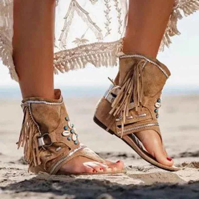 Women's Boho Fringe Ankle Cuff Sandals Low Heel Black Beige Khaki EU 35-43