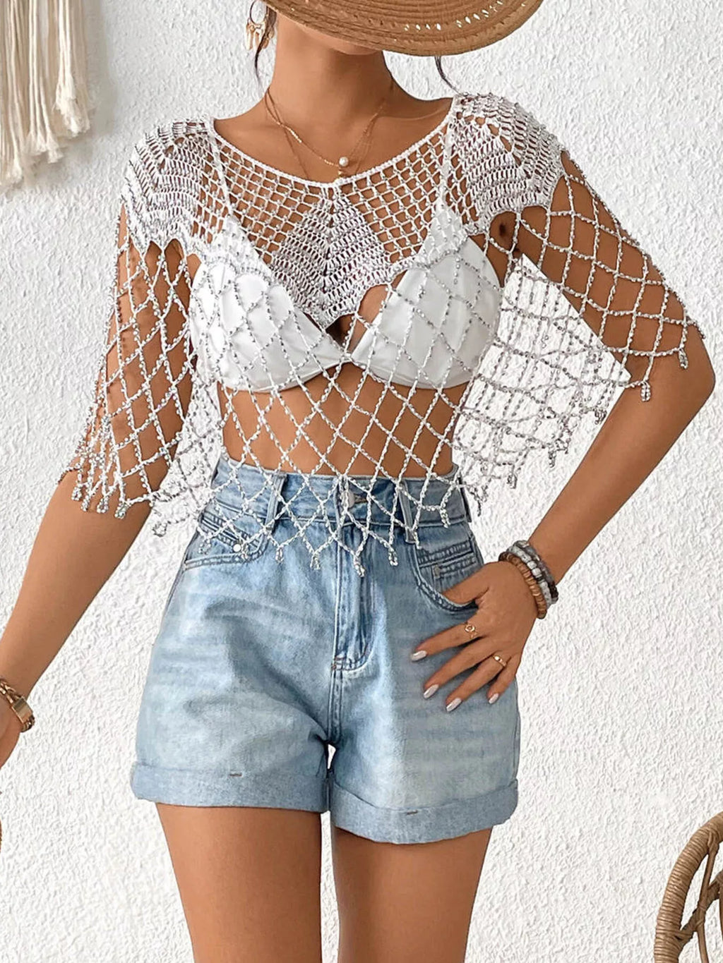 Women's Beaded Crochet Cover Up Cutout Beach Boho One Size Black White Gold