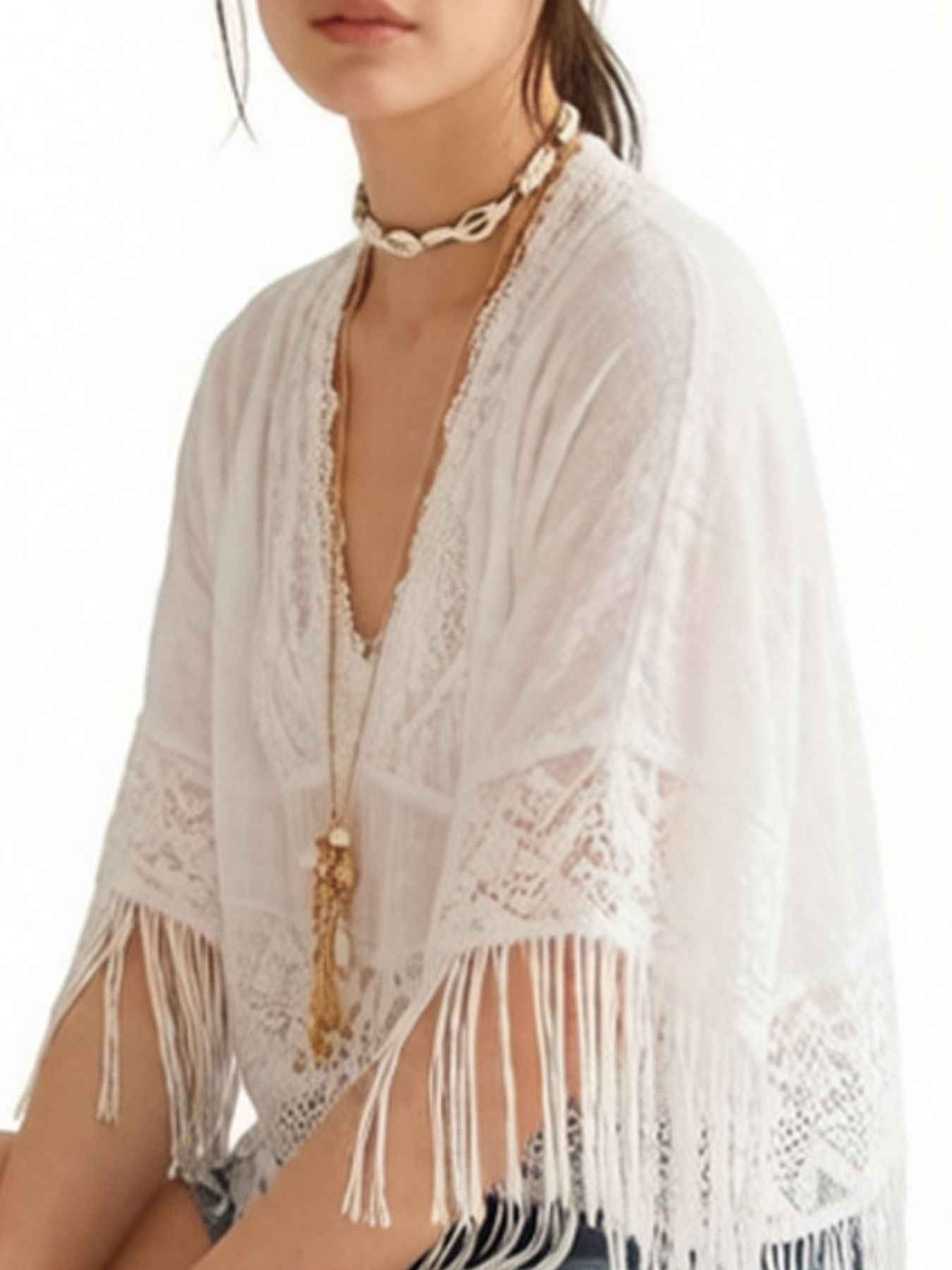 Women's Sheer Lace Fringe Short Sleeve Beach Cover-Up Black White S-XL
