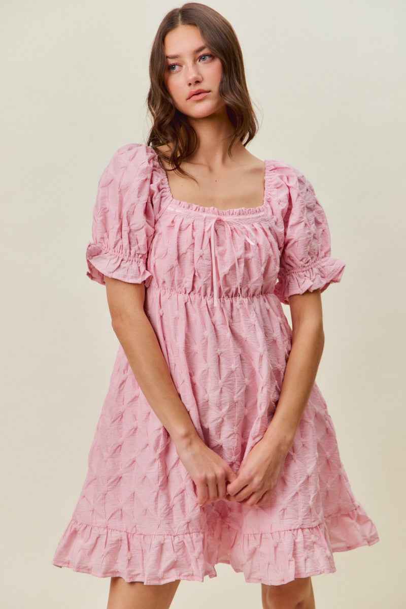 Women's SO ME Woven Ruched Bust Mini Dress Smocked Ruffle Pink S-XL PINK