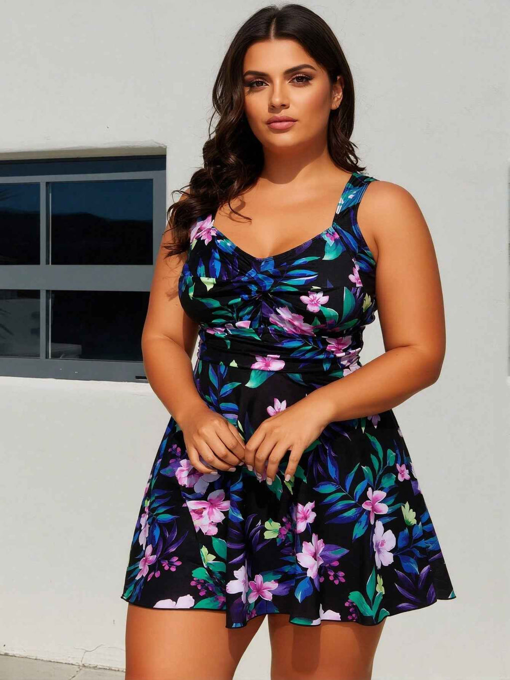 Plus Size Tropical Floral Print Twist Front Swim Dress Swimsuits