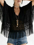 Women's Sheer Lace Fringe Short Sleeve Beach Cover-Up Black White S-XL Black