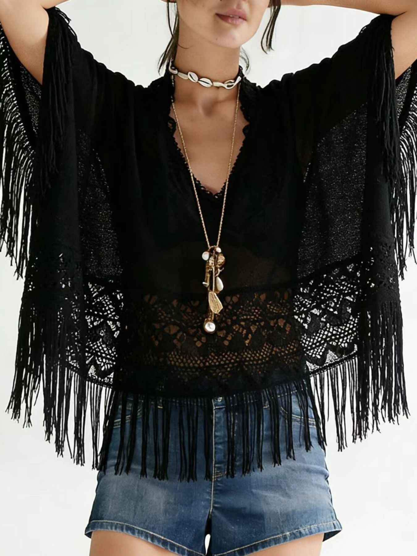 Women's Sheer Lace Fringe Short Sleeve Beach Cover-Up Black White S-XL Black