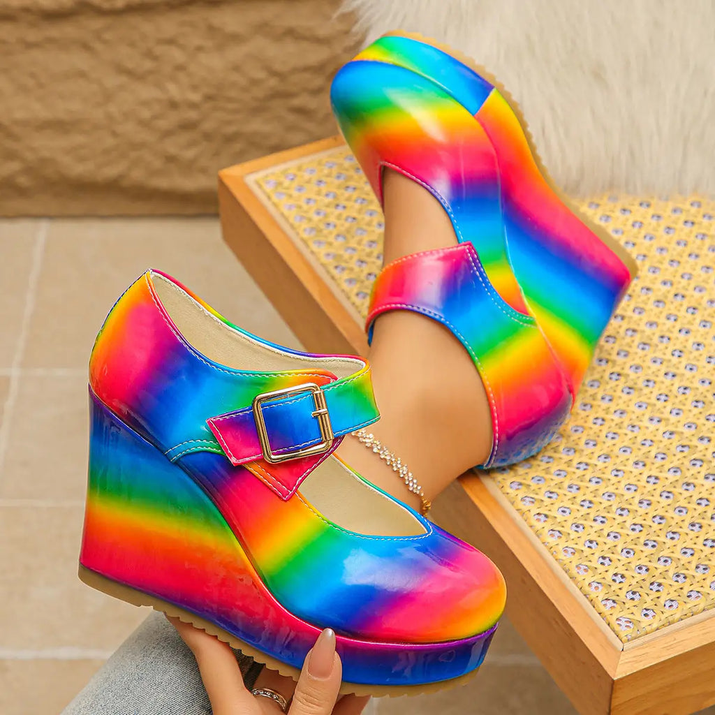 Women’s Rainbow Tie Dye Platform Wedge Sandals Boho Festival Mary Jane Heels Red