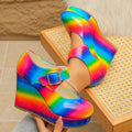 Women’s Rainbow Tie Dye Platform Wedge Sandals Boho Festival Mary Jane Heels Red