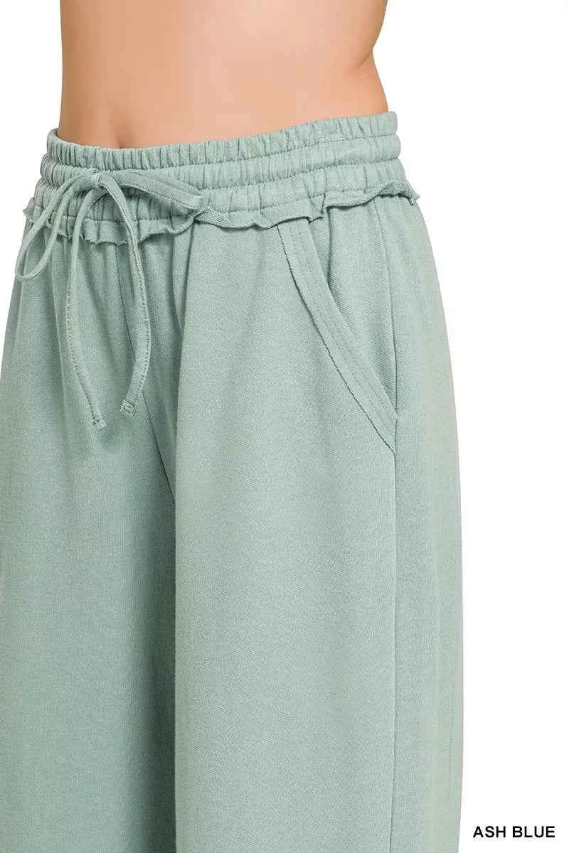 Zenana Women's French Terry Wide Leg Sweatpants Drawstring Ash Blue S-L
