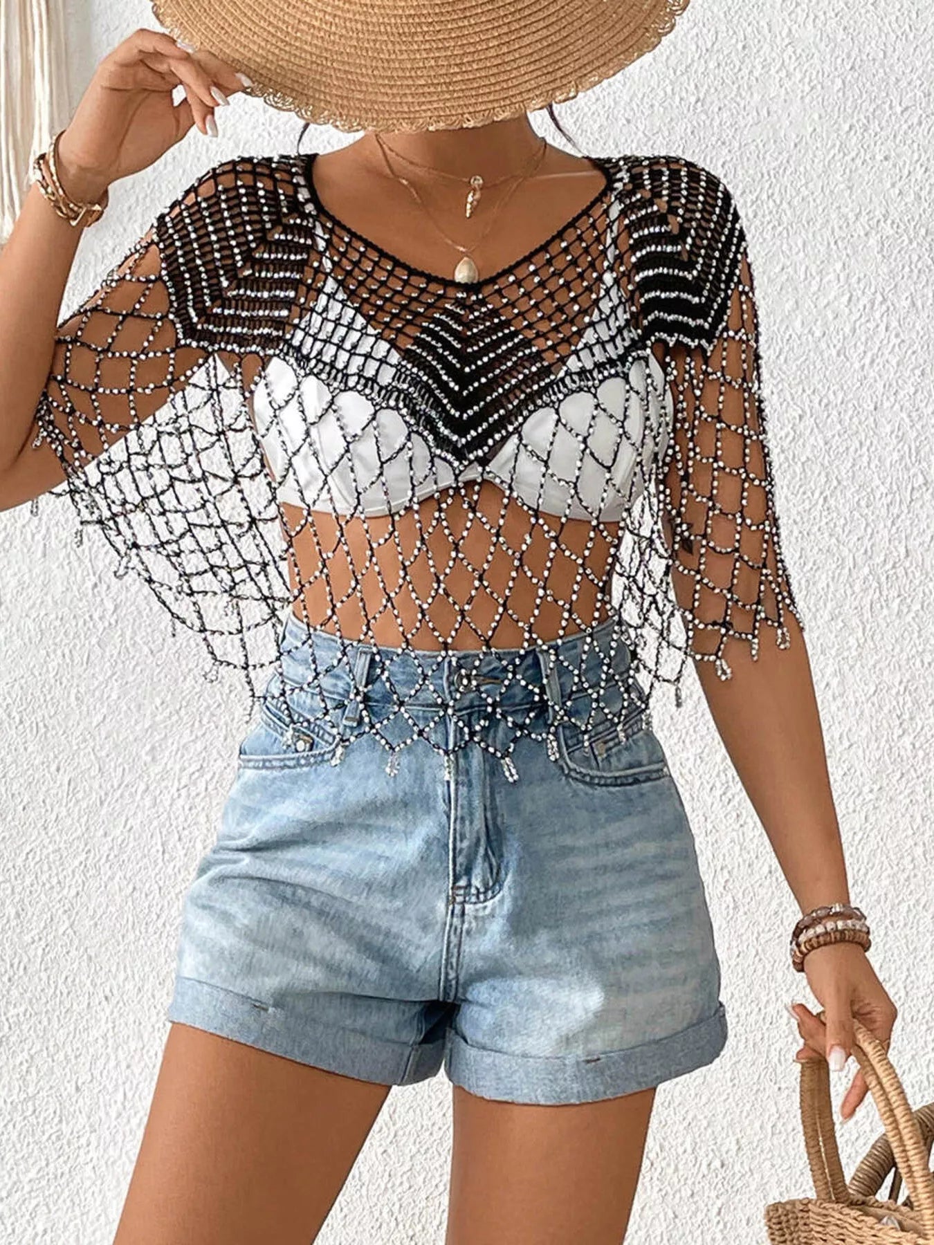 Women's Beaded Crochet Cover Up Cutout Beach Boho One Size Black White Gold