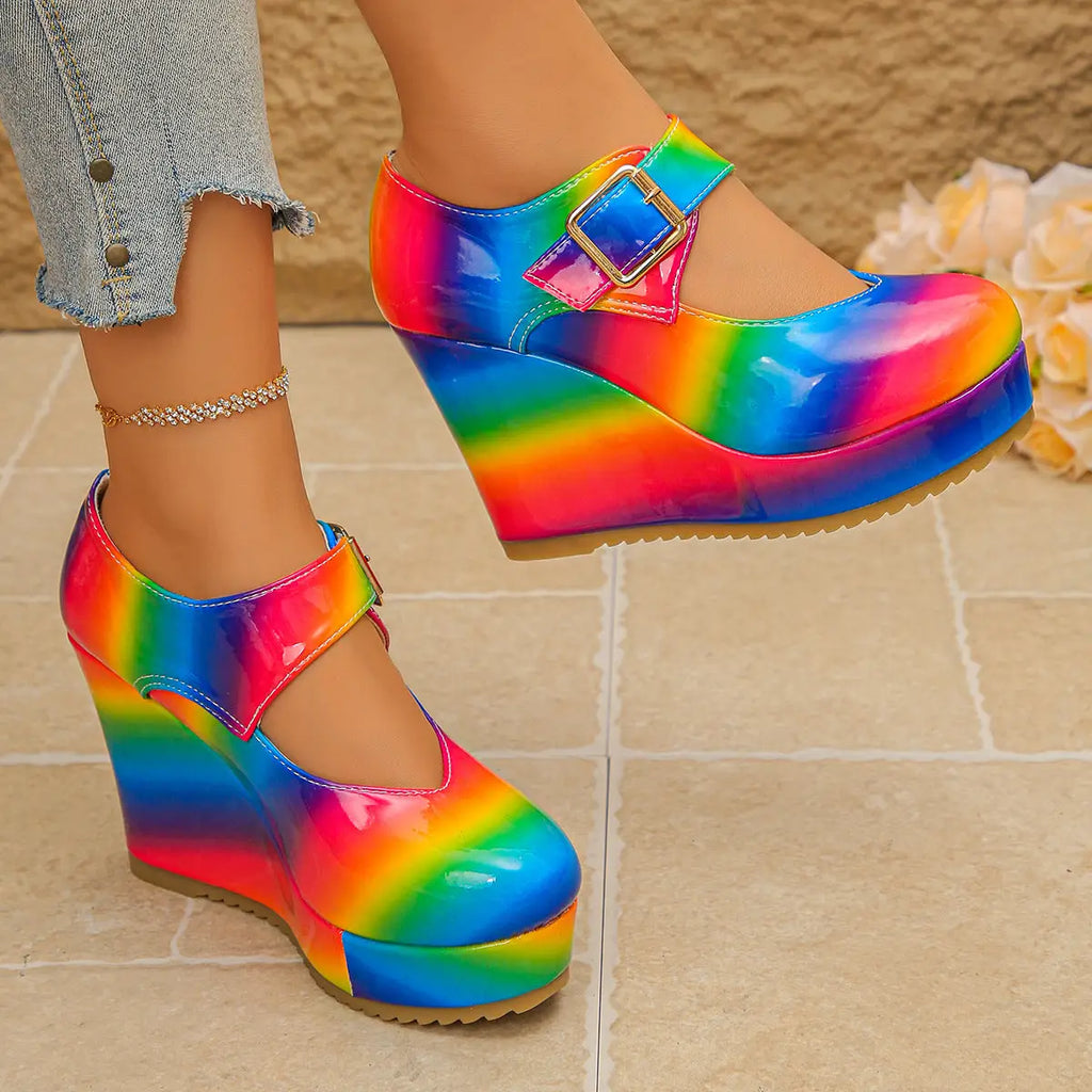 Women’s Rainbow Tie Dye Platform Wedge Sandals Boho Festival Mary Jane Heels