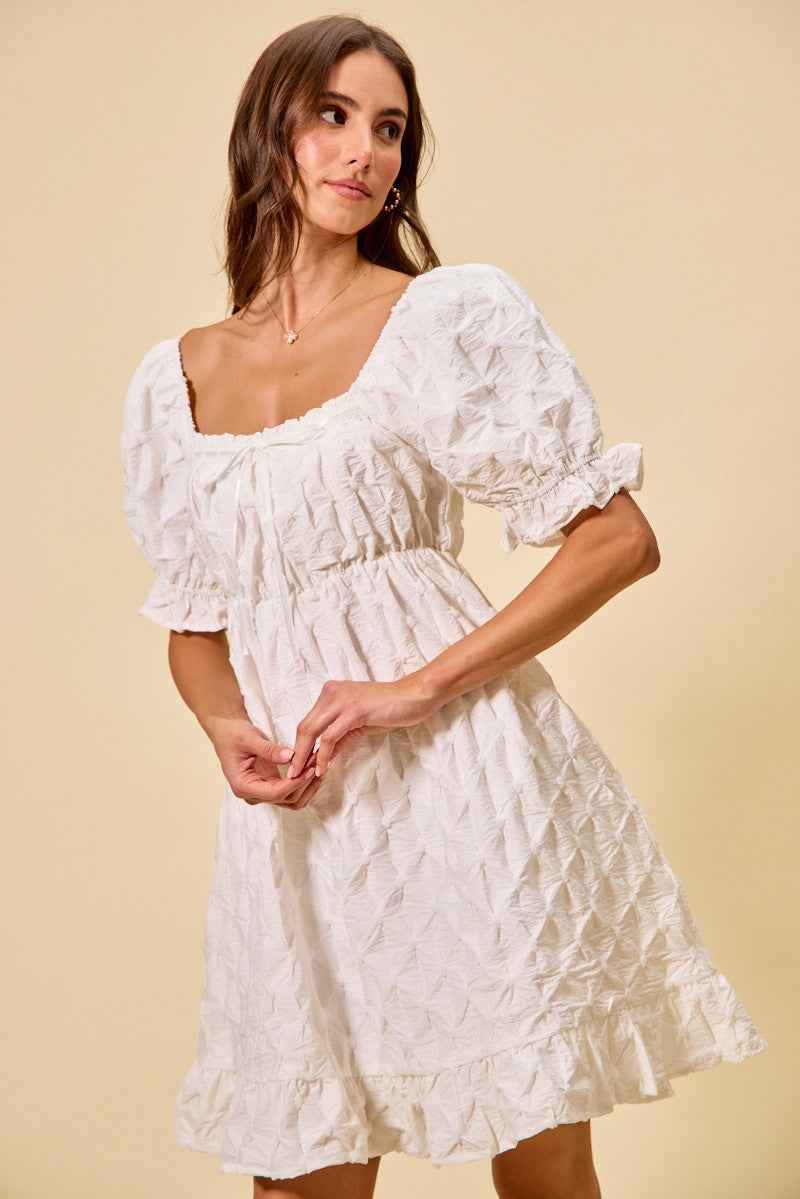 Women's SO ME Woven Ruched Bust Mini Dress Smocked Ruffle Off White S-XL