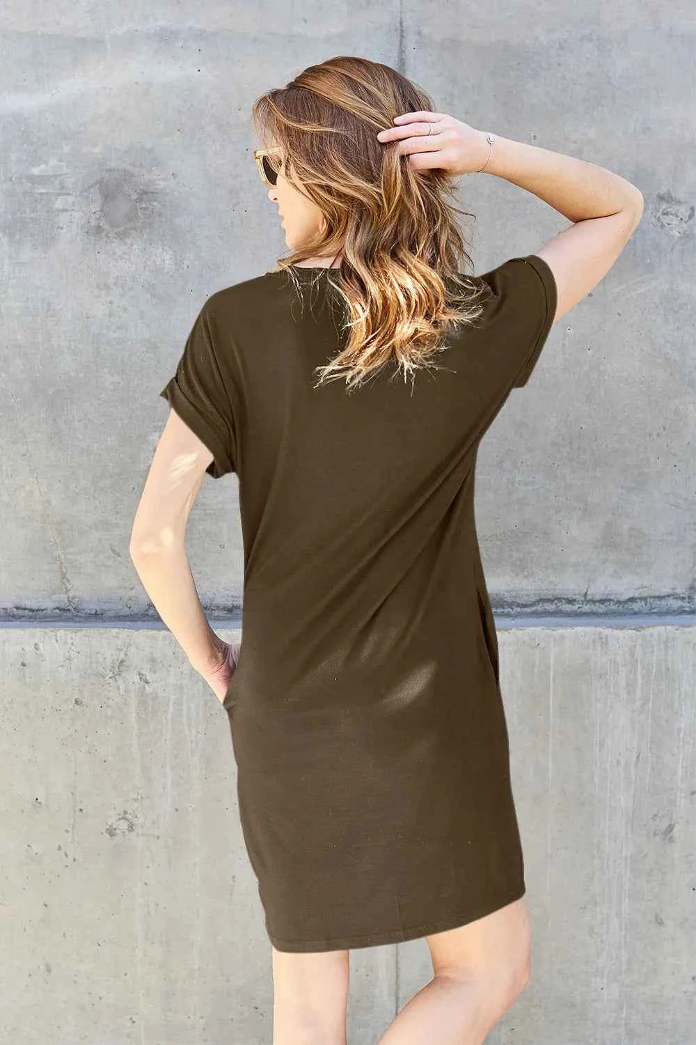 Basic Bae Women's Round Neck Short Sleeve Midi Dress Pockets Multi ColorsS-3XL