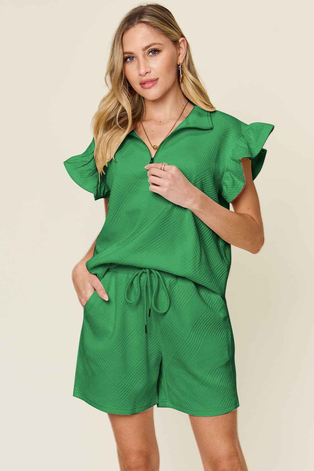 Double Take Women's Flounce Sleeve V-Neck Top Drawstring Shorts Set S-3XL Mid Green