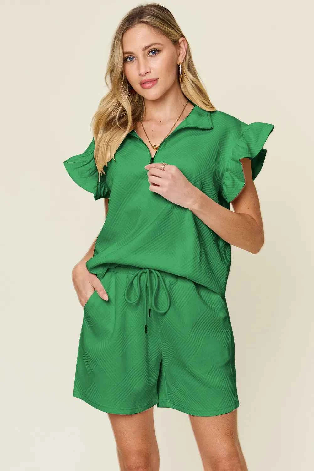 Women's Double Take Flounce Sleeve V-neck Top Shorts Set Two-Piece Multi Colors S-3XL
