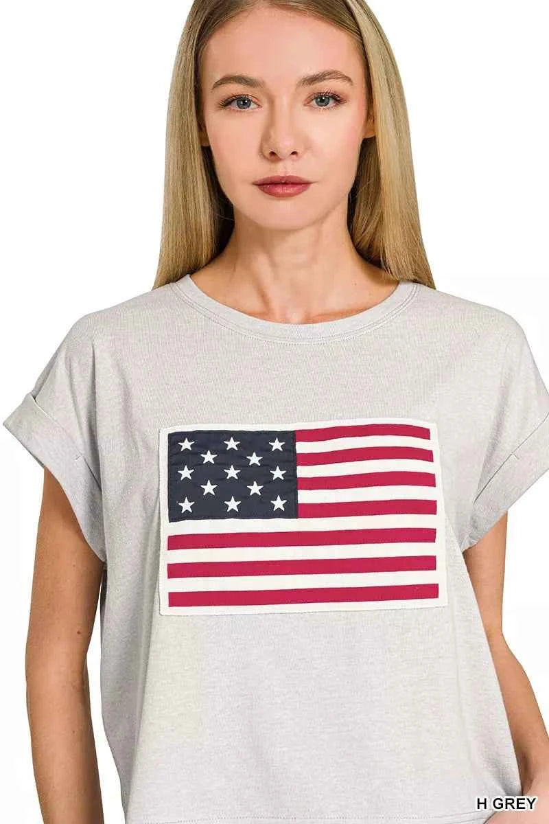 Zenana Women's American Flag Tee Round Neck Short Sleeve H Grey S-M H GREY