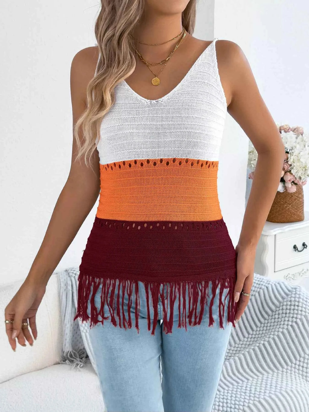 Women's Color Block Fringe Hem Knit Cami Sleeveless Top Multi Colors S-XL