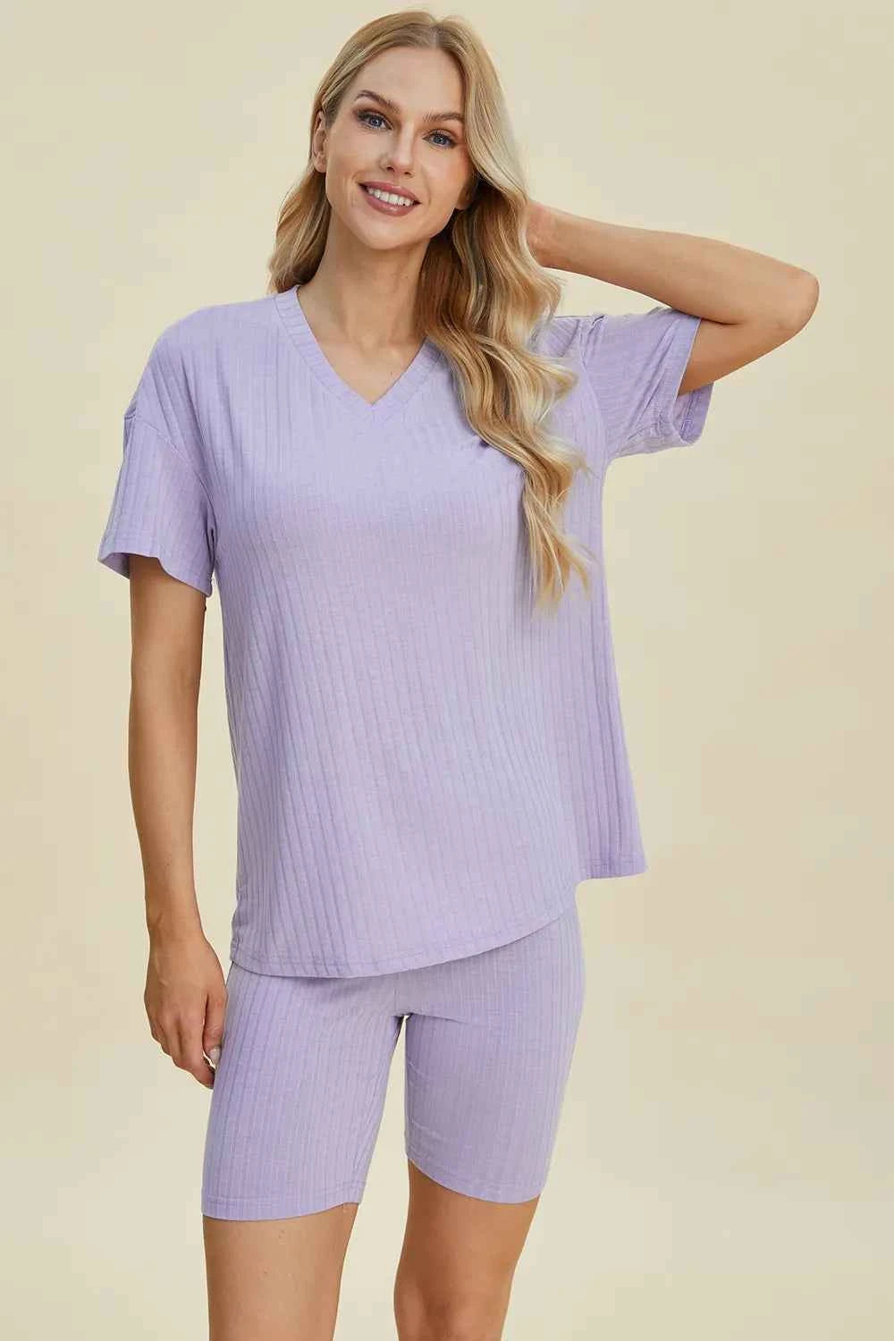 Women's Basic Bae Ribbed V-Neck Top and Shorts Set Two-Piece Multi Colors S-3XL Lavender