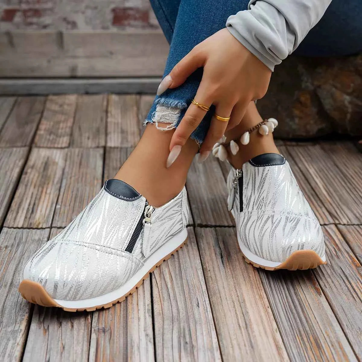 Women's Round Toe Zipper Detail Flat Slip-On Shoes Casual EU 36–43 (US 5–11) Grey