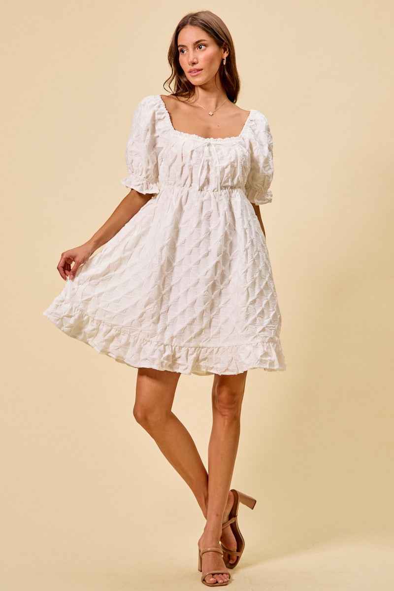 Women's SO ME Woven Ruched Bust Mini Dress Smocked Ruffle Off White S-XL