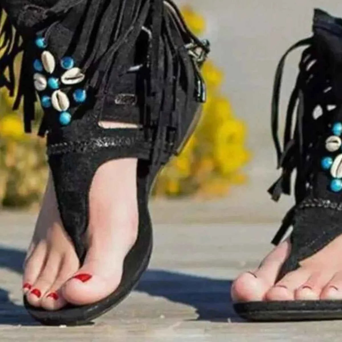 Women's Boho Fringe Ankle Cuff Sandals Low Heel Black Beige Khaki EU 35-43