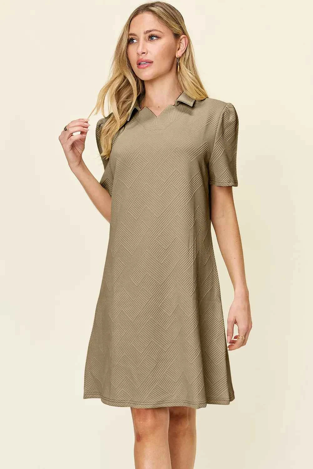 Double Take Women's Texture Collared Neck Short Sleeve Dress S-3XL Khaki