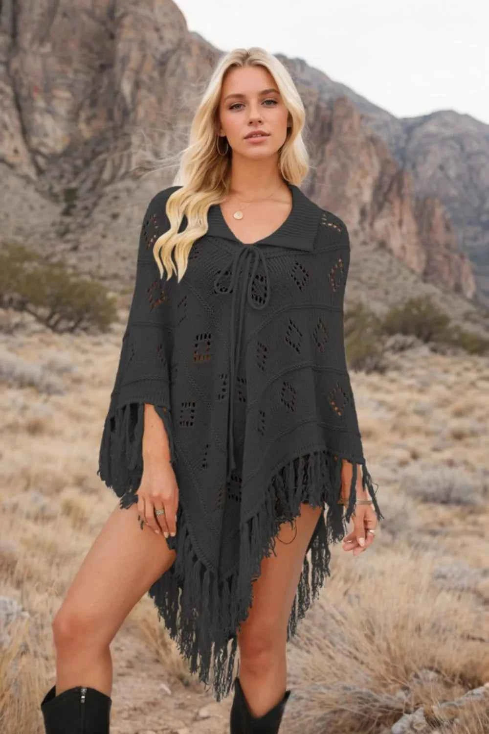Tassel Hem Knit Cover Up Black