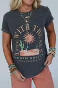 Women's RISE WITH THE SUN Graphic Round Neck Short Sleeve Tee Dark Gray S-XL Dark Gray