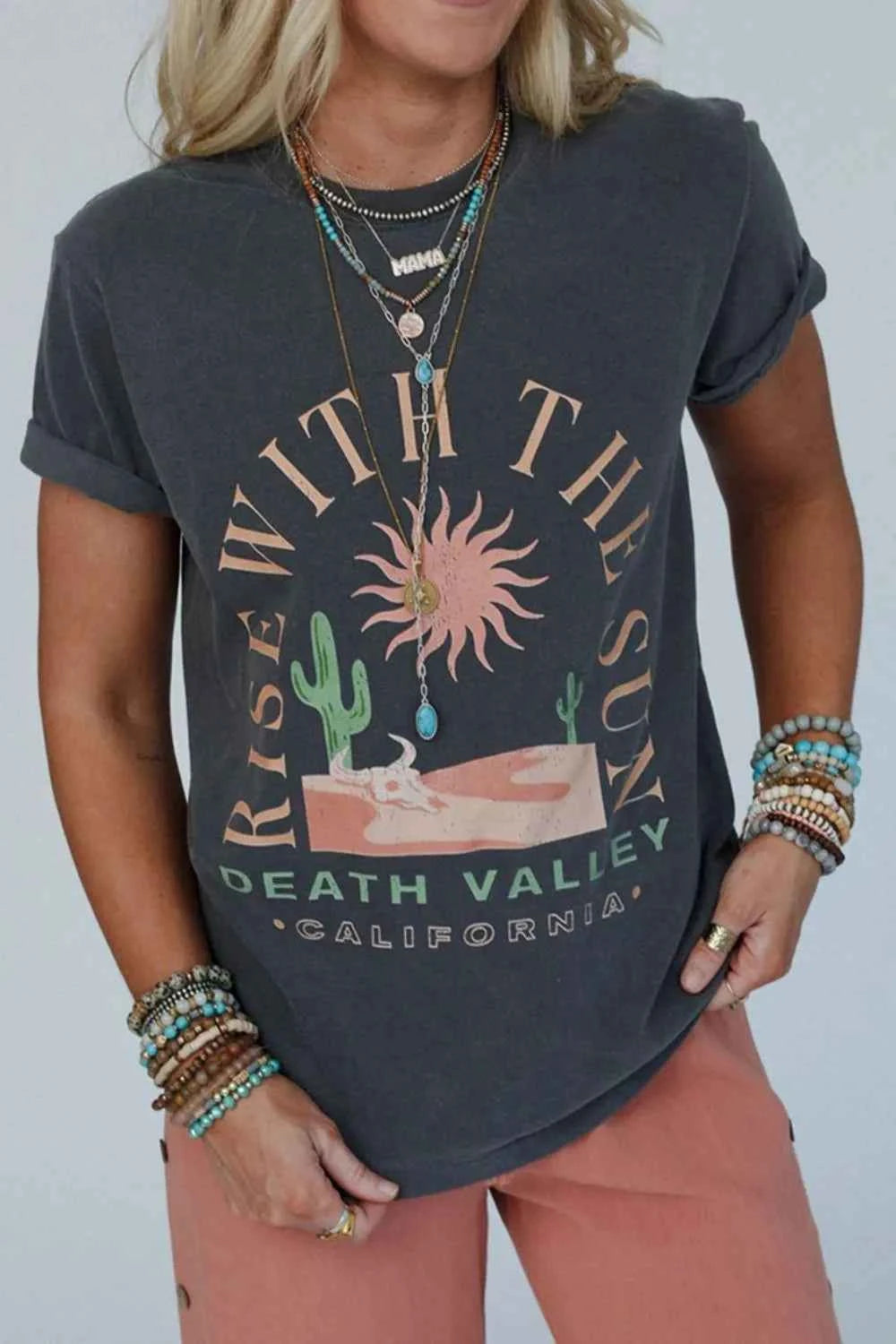 Women's RISE WITH THE SUN Graphic Round Neck Short Sleeve Tee Dark Gray S-XL Dark Gray