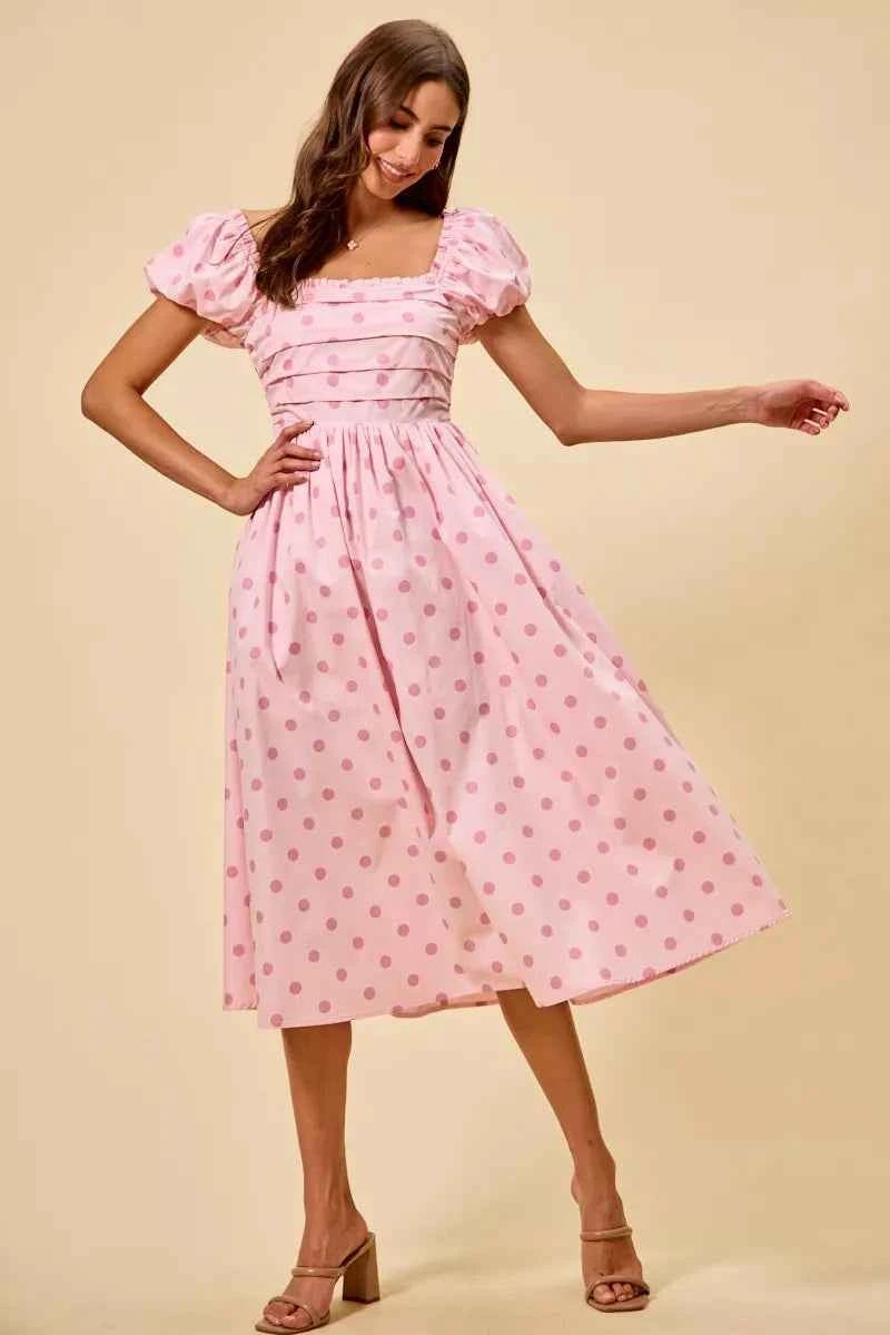 Women's Polka Dot Cotton Midi Dress Short Sleeve Pockets Smocked Pink S-XL