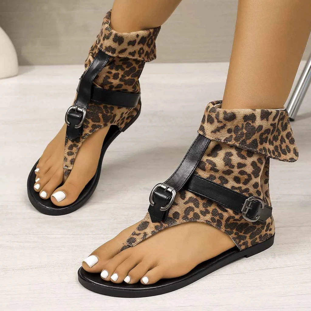 Women's Leopard Print Toe Post Low Heel Sandals Off-White US 5-11