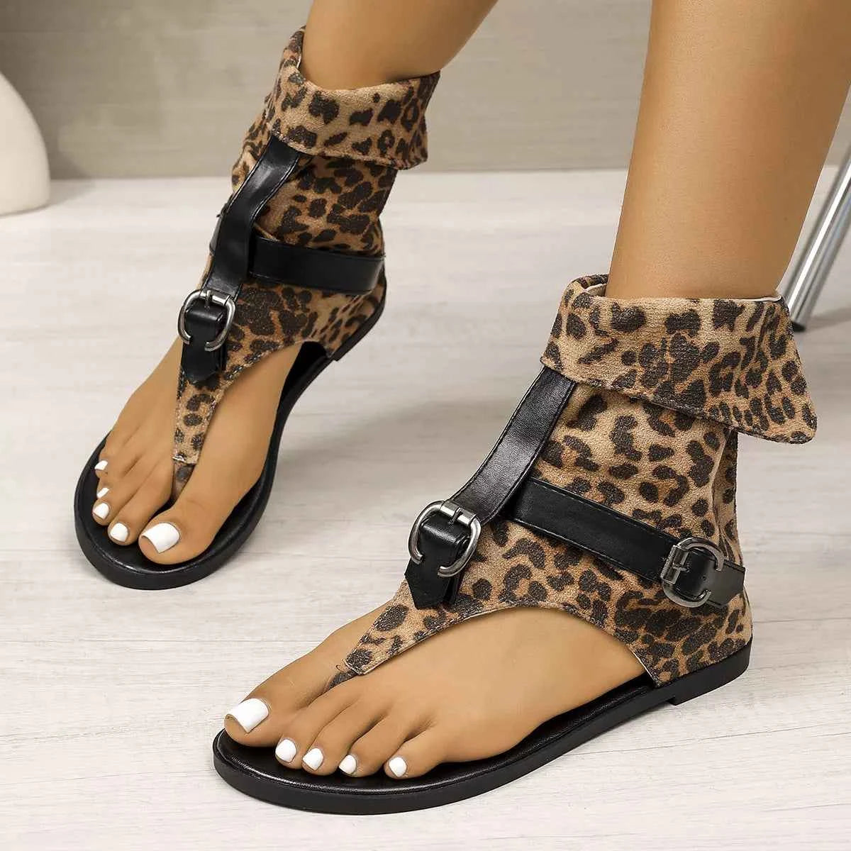 Women's Leopard Print Toe Post Low Heel Sandals Off-White US 5-11