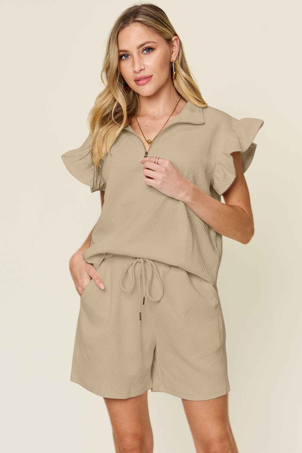 Double Take Women's Flounce Sleeve V-Neck Top Drawstring Shorts Set S-3XL Khaki
