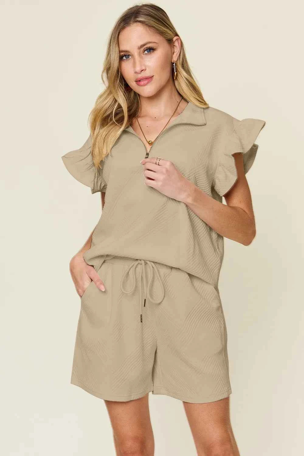 Double Take Women's Flounce Sleeve V-Neck Top Drawstring Shorts Set S-3XL