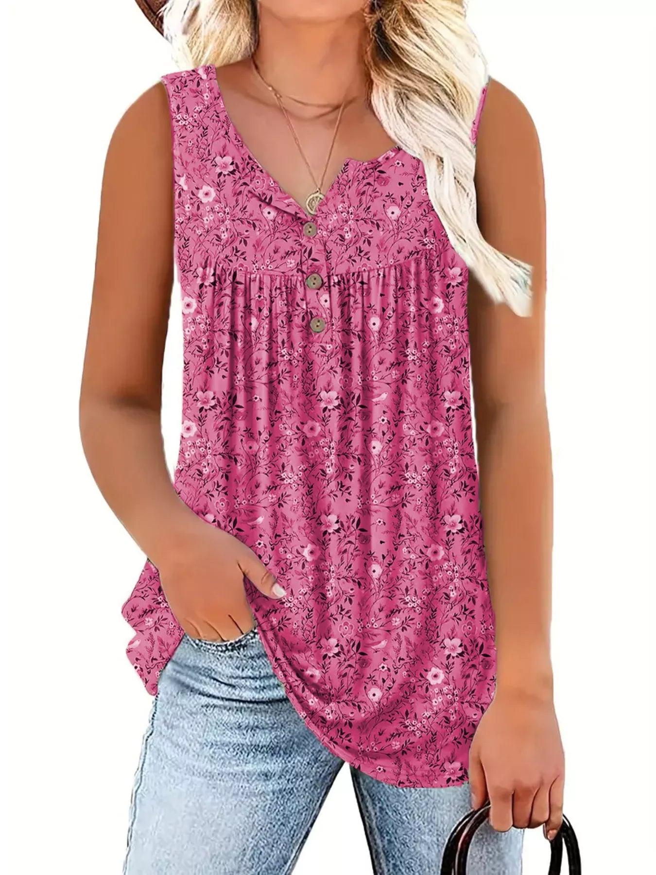 Full Size Floral Print Button Detail Tank Plus Size Rose Red
