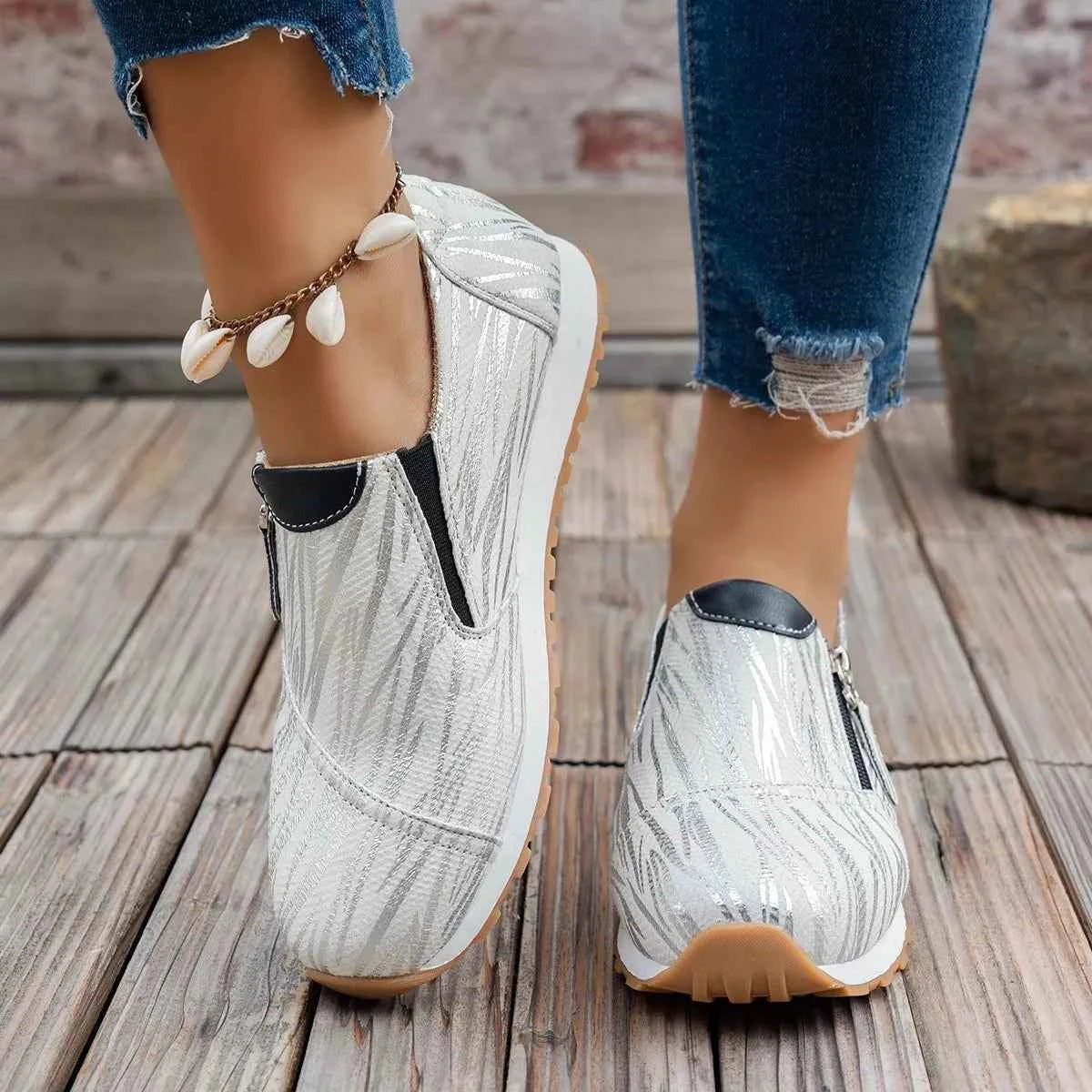 Women's Round Toe Zipper Detail Flat Slip-On Shoes Casual EU 36–43 (US 5–11) White
