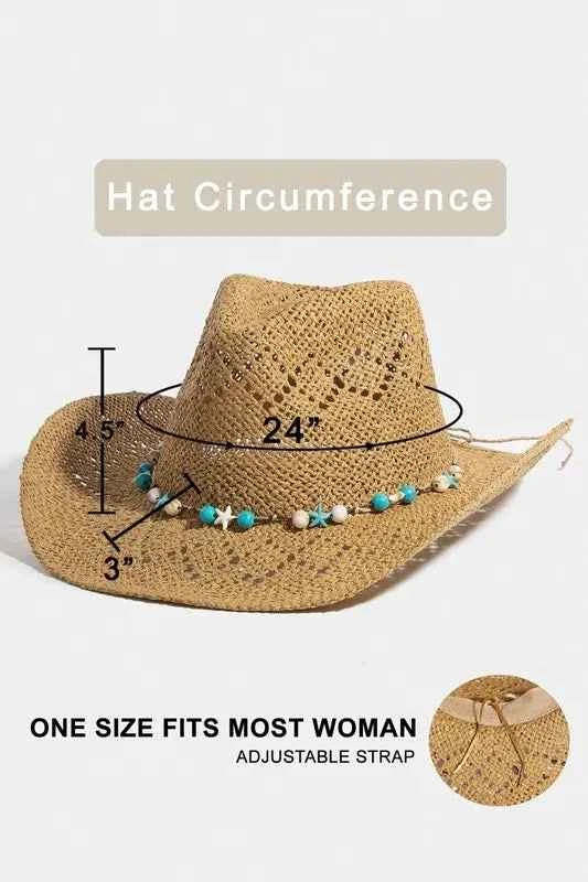 Fame Women's Turquoise Shell Star Beads Strap Western Straw Hat Boho Beach Brown One Size