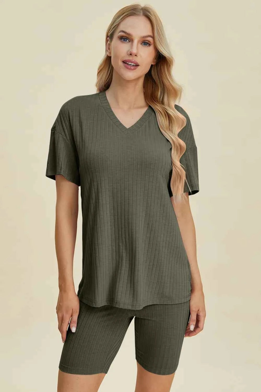 Women's Basic Bae Ribbed V-Neck Top and Shorts Set Two-Piece Multi Colors S-3XL Moss