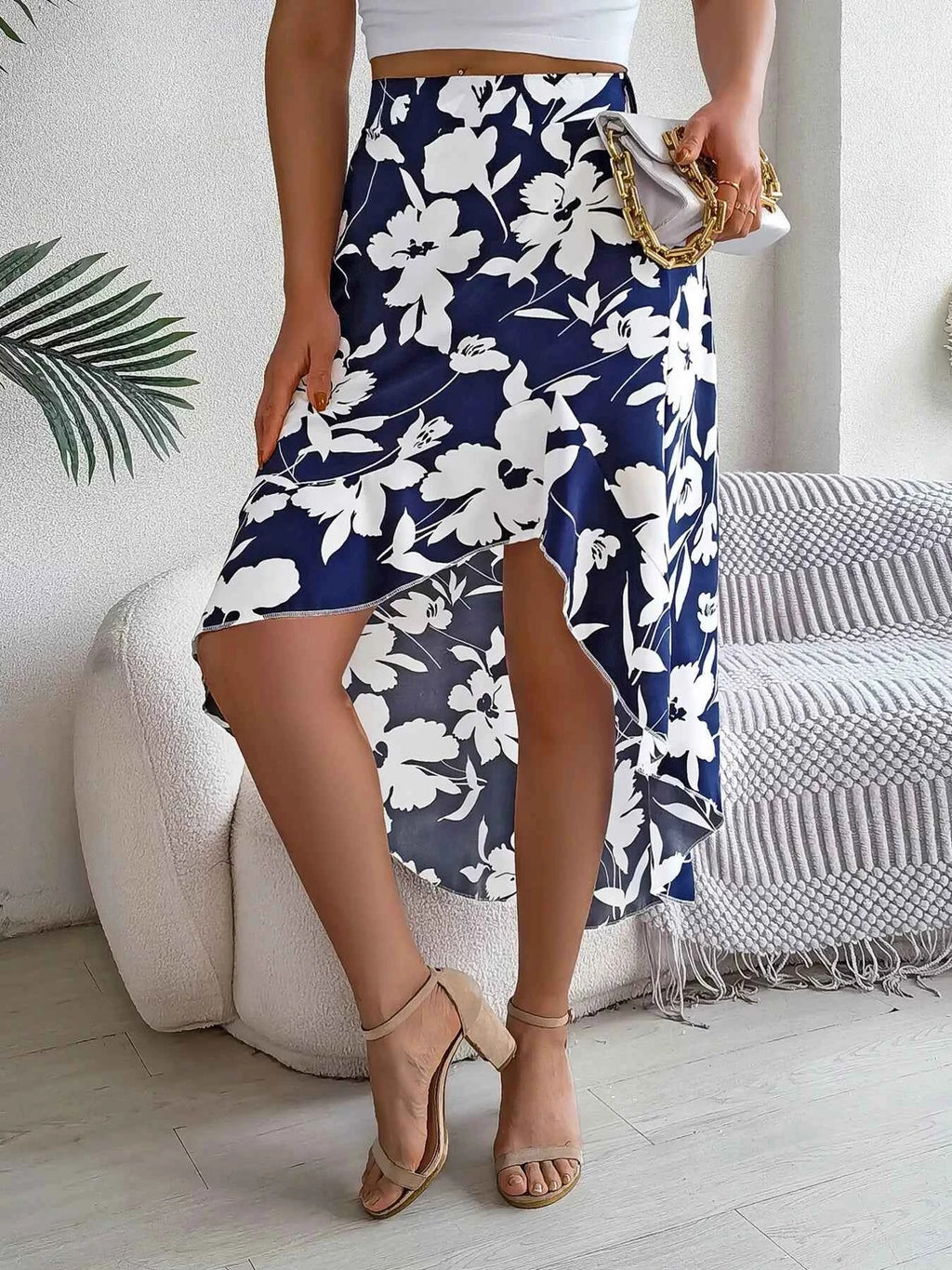Floral Print Ruffle Hem Asymmetrical Skirt Blue