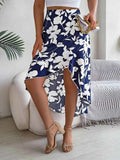 Floral Print Ruffle Hem Asymmetrical Skirt Blue