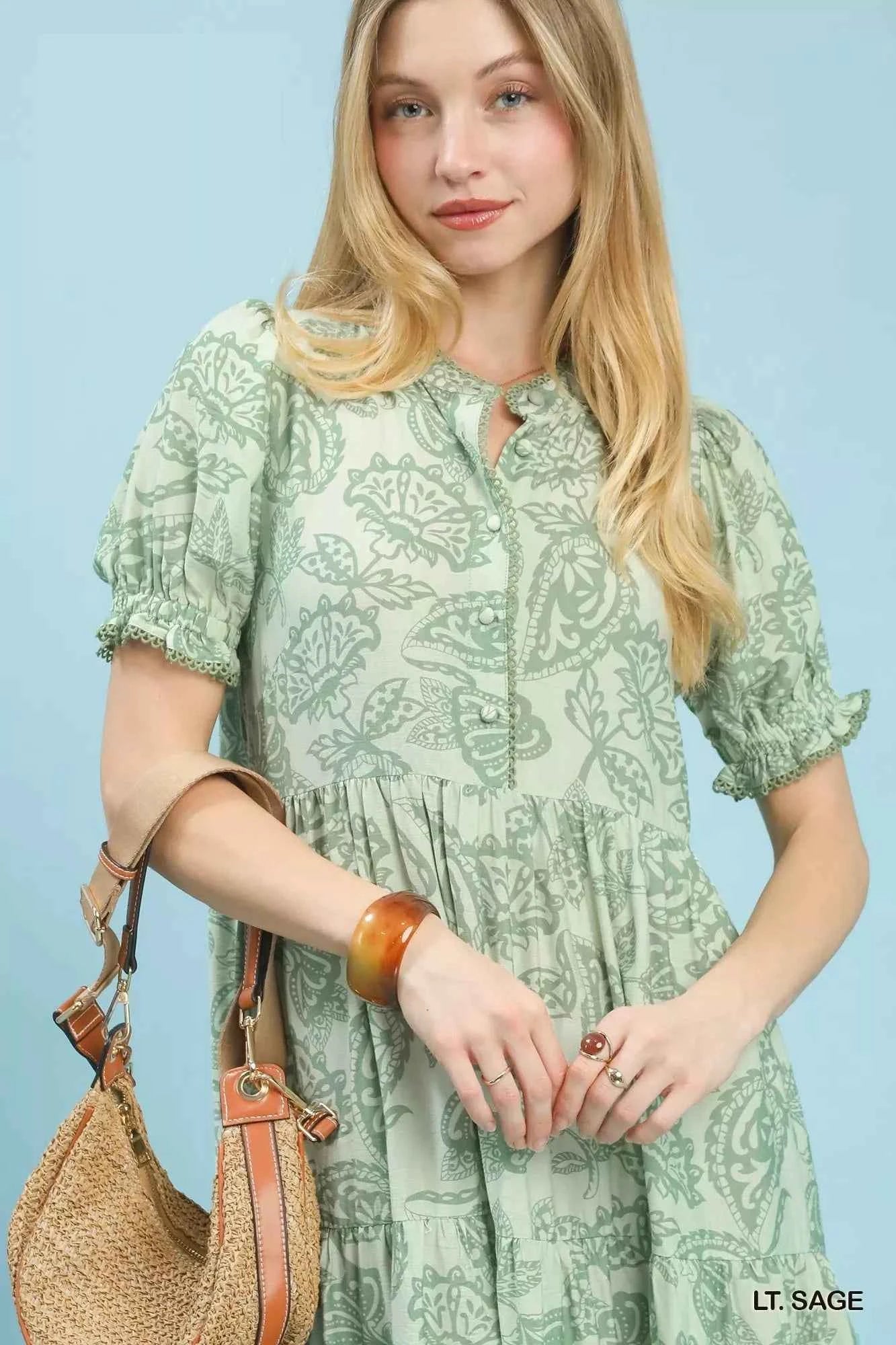 Umgee Women's Paisley Print Boho Tiered Midi Dress Pockets Light Sage S-L